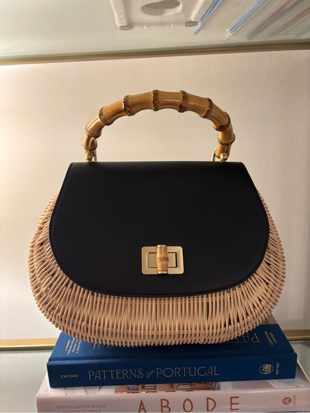 Talbots Rattan Wicker & Leather Black and Natural Bamboo Top-Handle Women’s Bag - Picture 4 of 16